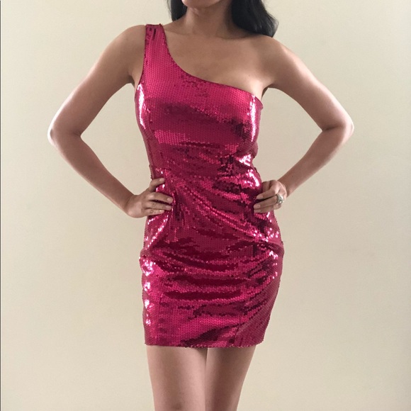 pink sequin one shoulder dress